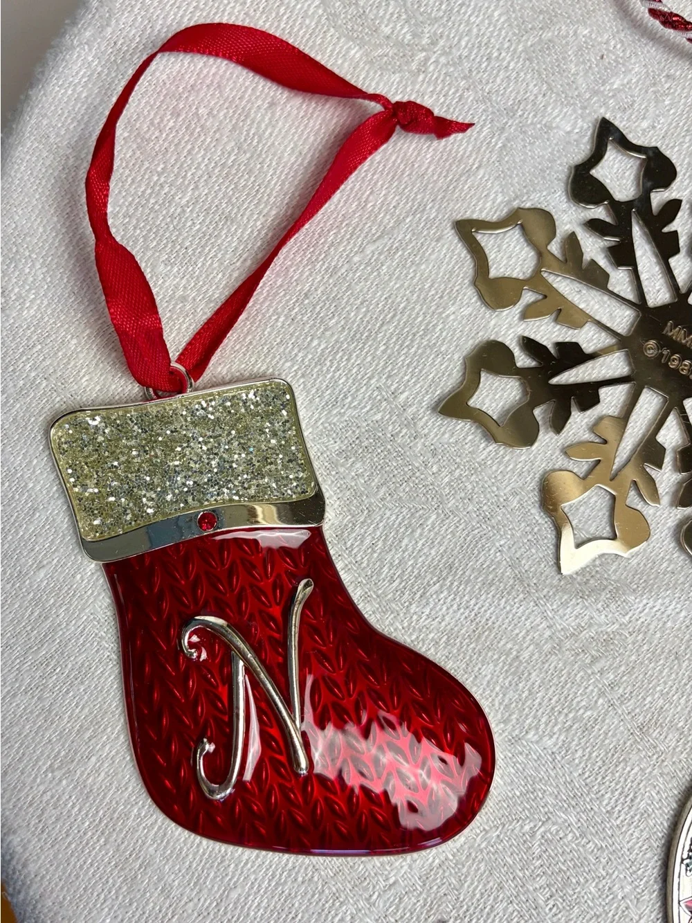 MMA, Harvey Lewis, Regent Square Ornaments 4 silver/crystal, VTG, ribbon, EUC
